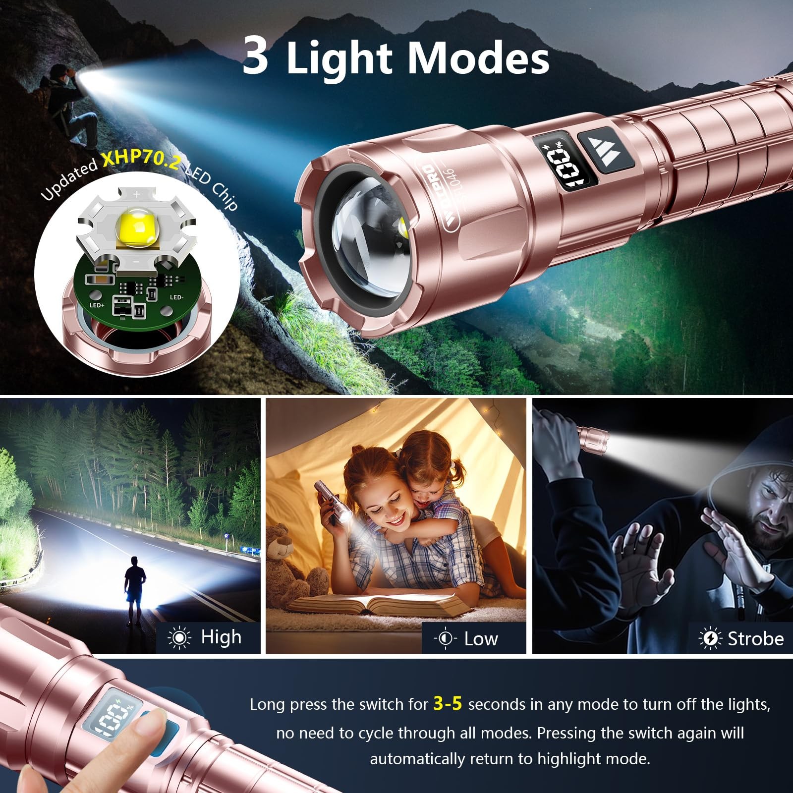 WdtPro LED Rechargeable Flashlight 2 Pack, 3 Modes Super Bright 2 PACK, Pink