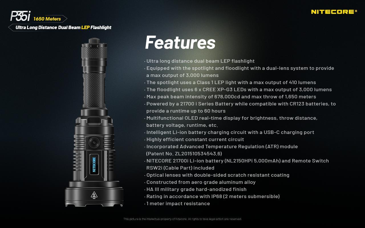 Nitecore P35i Ultra Long Distance Dual Beam LEP Rechargeable Flashlight – 3000 L
