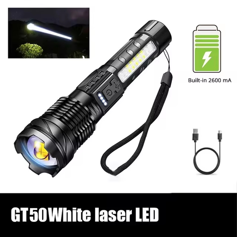 Powerful XHP50 LED Flashlight Waterproof 18650 Torch with Side Light 7 Modes