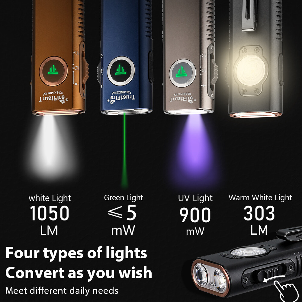 Trustfire EDC 4 in1 1050 lumens Flashlight, UV Light And Green Laser Pointer