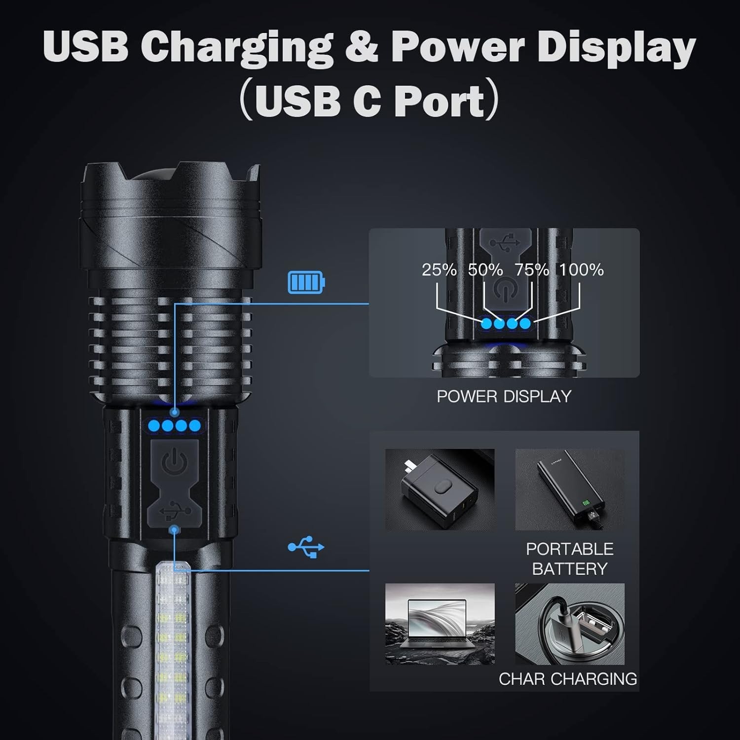 Super Bright 90000 Lumen LED Flashlight – 7 Modes, USB Rechargeable, Waterproof
