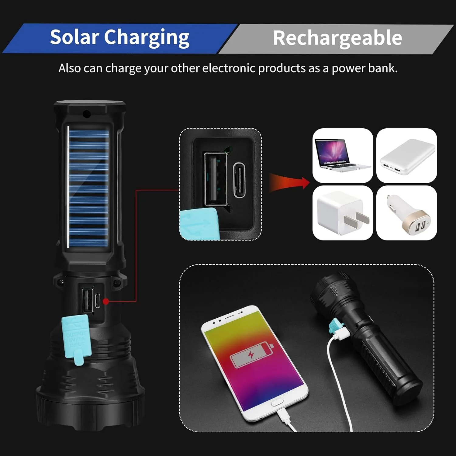 2x Led Solar Flashlight, 1500 Lumens Led Solar Handheld Rechargeable Flashlights