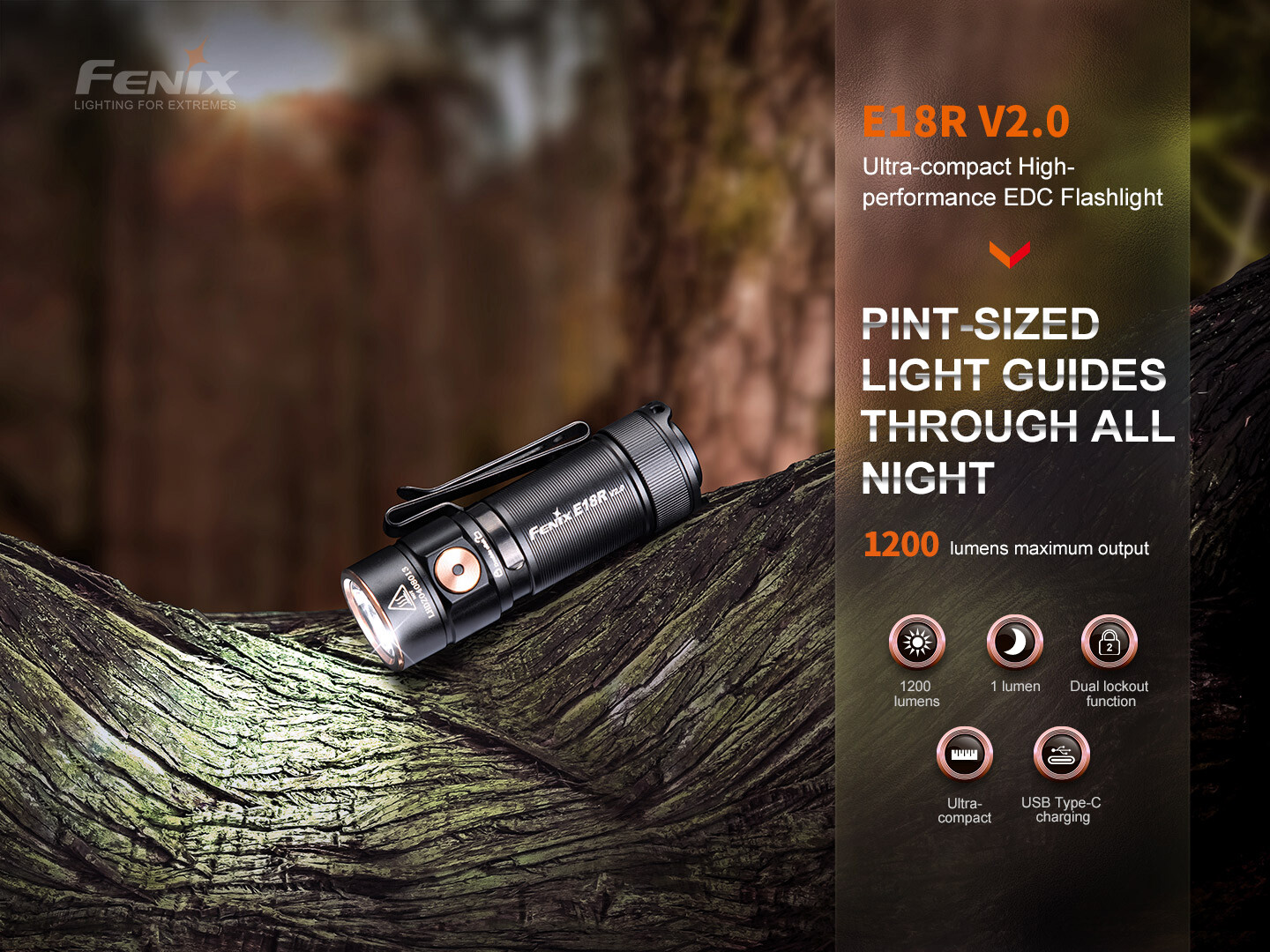 Fenix E18R v2.0 1200 Lumen Rechargeable EDC Flashlight with Dual Batteries