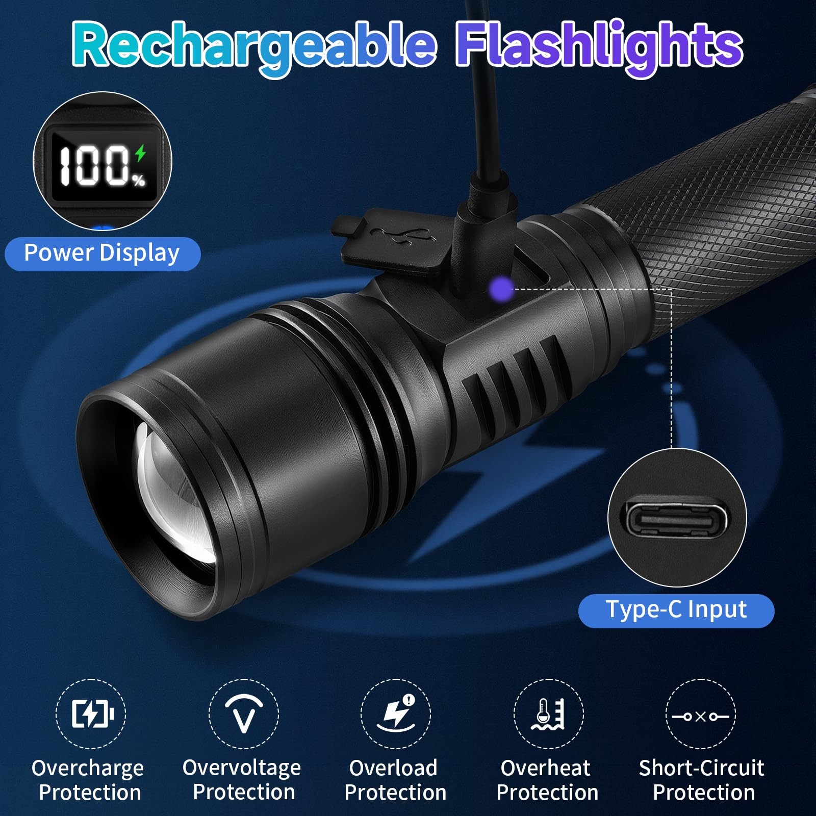 Rechargeable LED Flashlights 2~Pack, High Lumens, 5 Modes, Tactical
