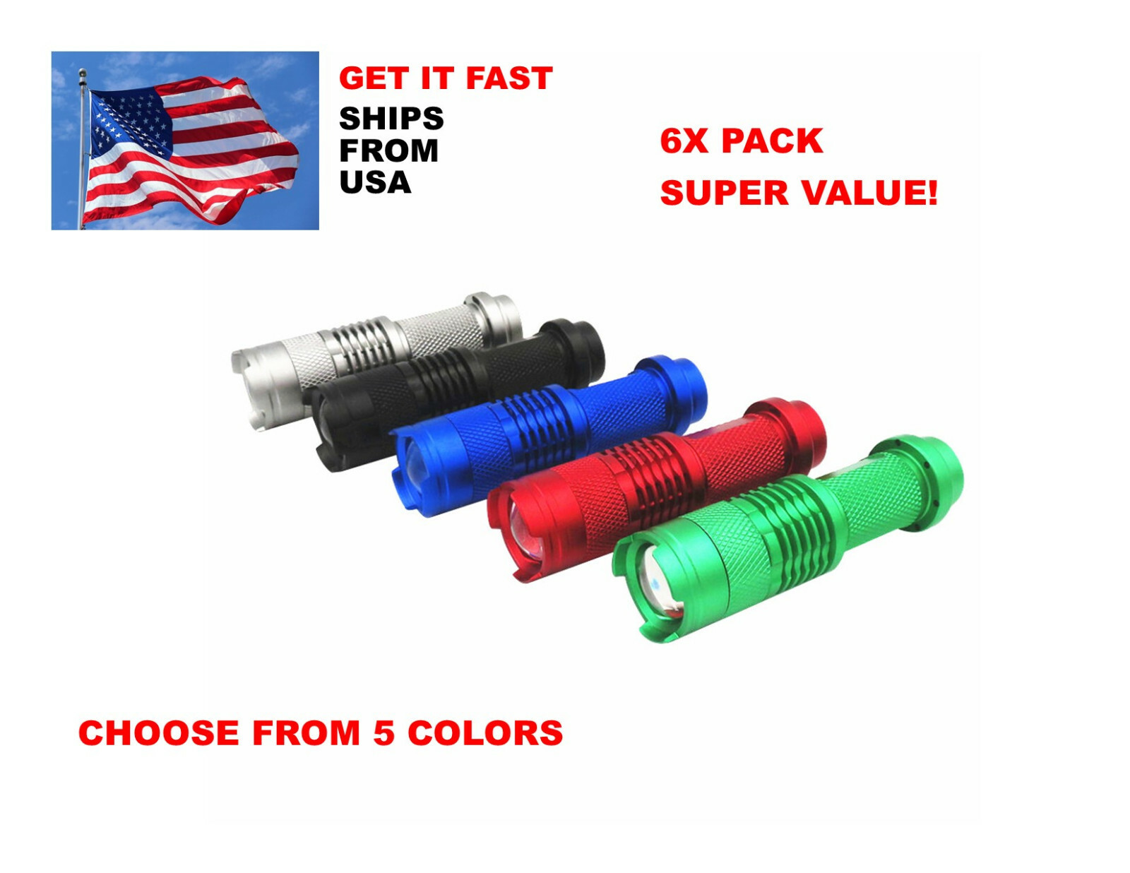 6Pack Mini CREE Mini Tactical Flashlight Focus Adjustable – Choose Color