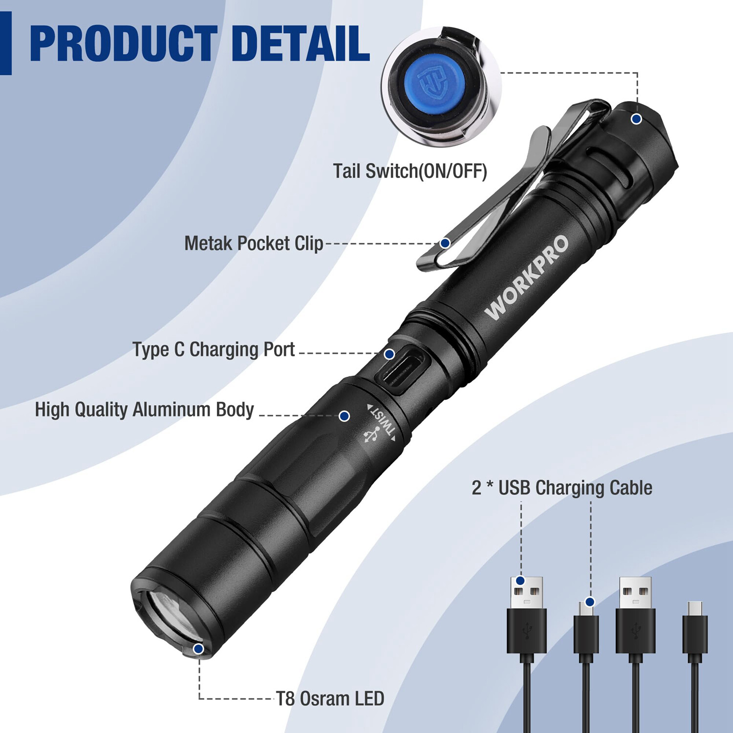 WORKPRO Rechargeable Pen Light, Mini Flashlight, 2 Pack Memory Function Black