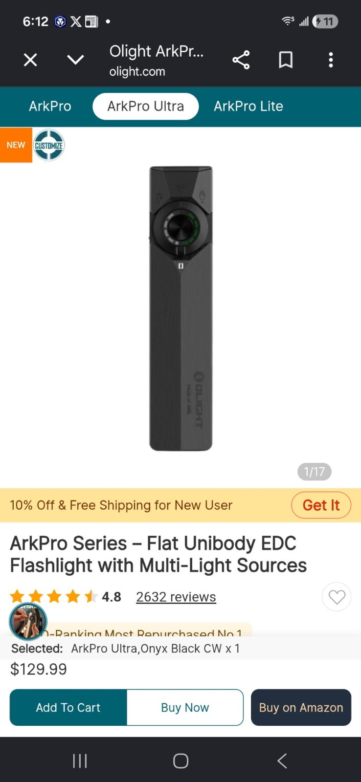 Olight ArkPro Ultra ONYX black CW, 1700 Lumens, 205M, 7 Configurations