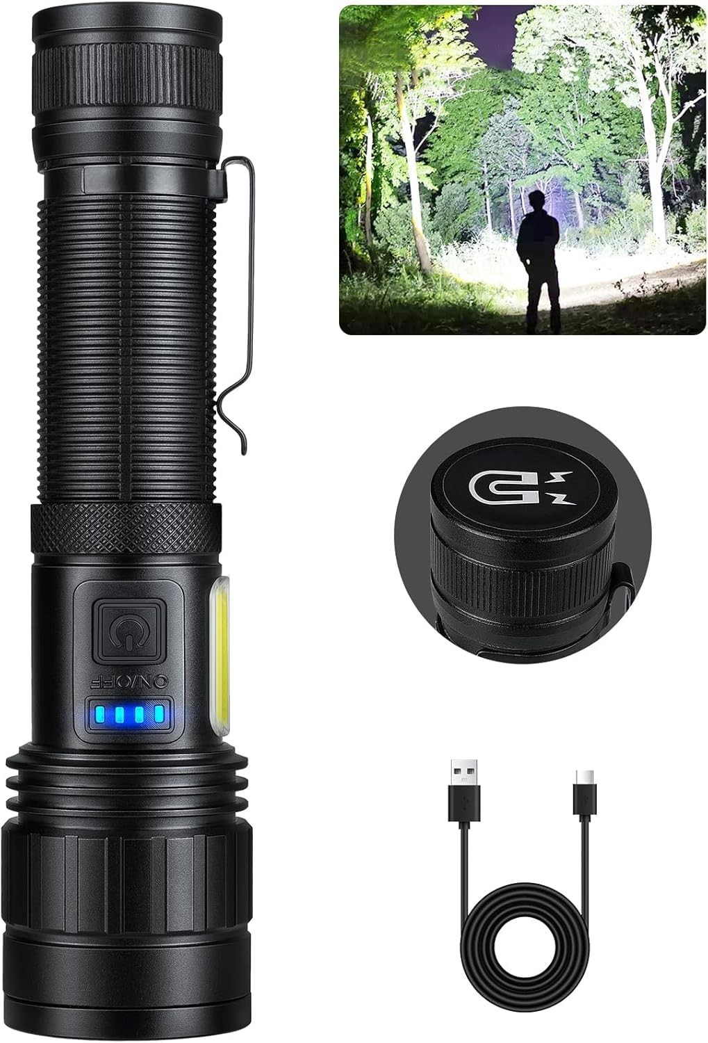High Lumen Rechargeable Flashlight, 90000 Lumens, 7 Modes, Magnetic, LED Work Li