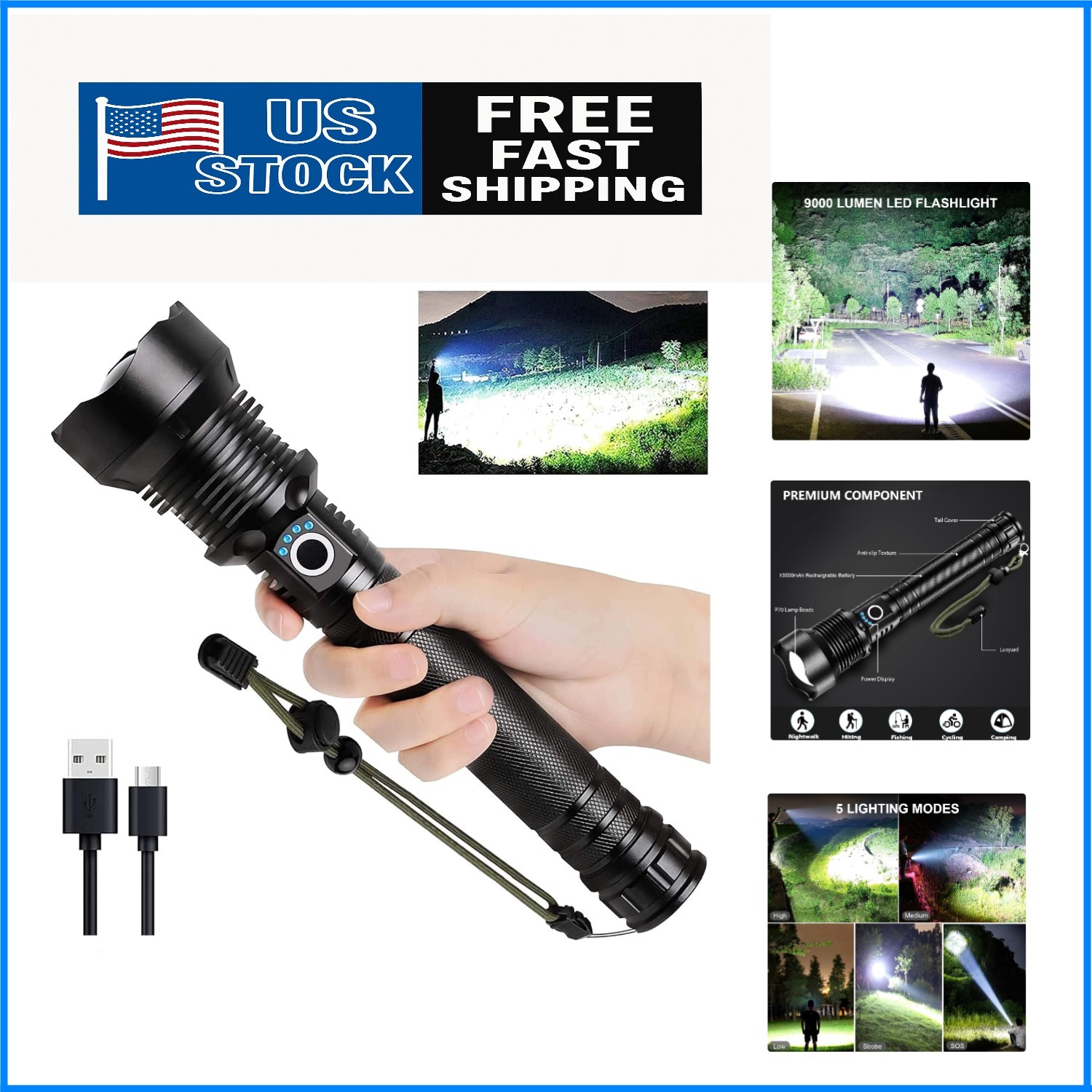 Powerful 9000 Lumens Rechargeable Flashlight – Perfect for Emergencies & Hiking