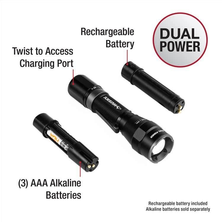Husky 1200 Lumens Dual Power LED Rechargeable Focusing Flashlight