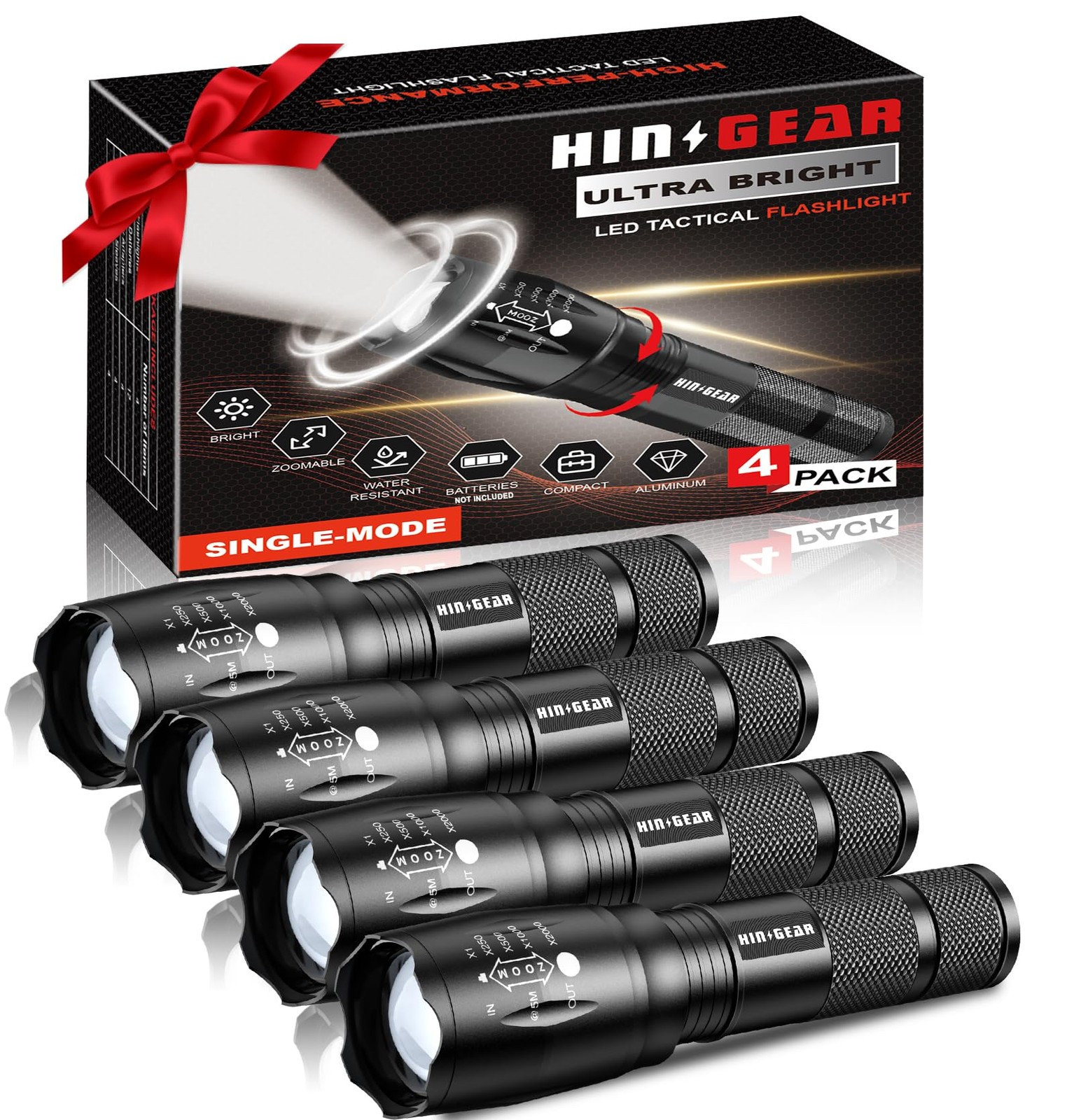 1 Mode Flashlights 4 Pack, Super Bright Zoomable LED Tactical 4 Black