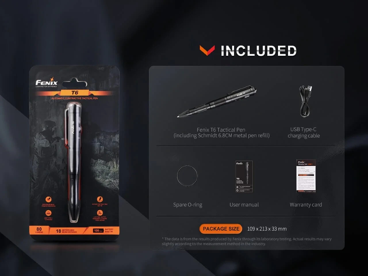 Fenix T6 Tactical LED Penlight 80 Lumen USB-C Rechargeable Glass Breaker EDC Pen