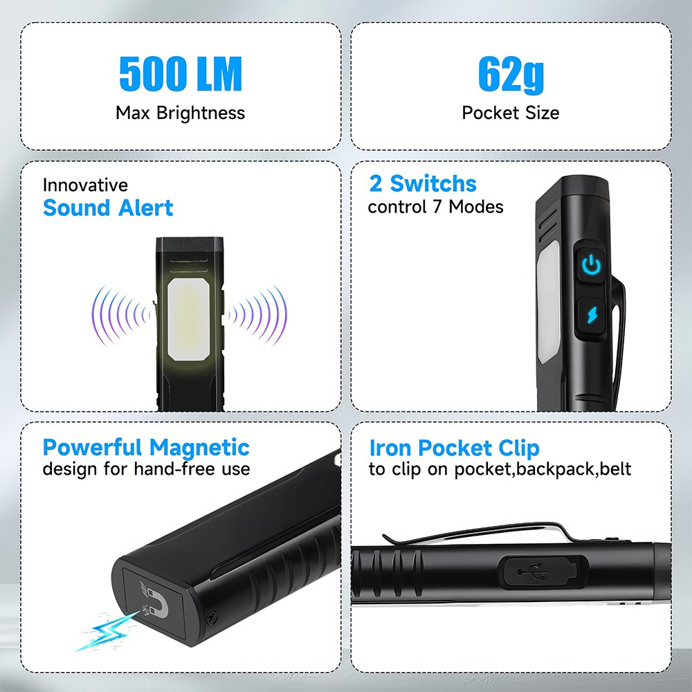 USB Rechargeable Flashlight with Magnetic 7-Mode Clip-on Handheld Flashlight USA