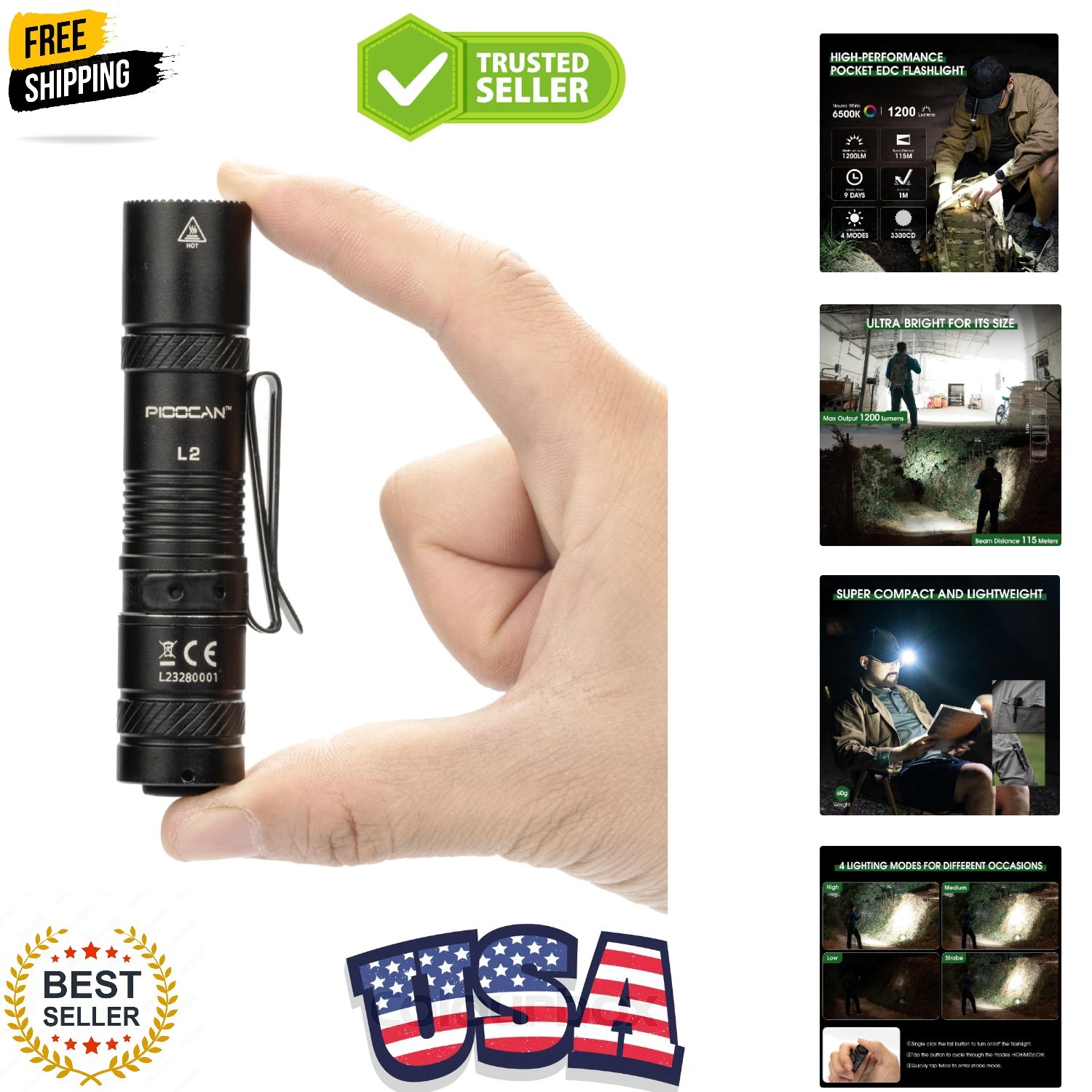 Rechargeable 1200 Lumens EDC Flashlight – Compact & Waterproof for Adventures