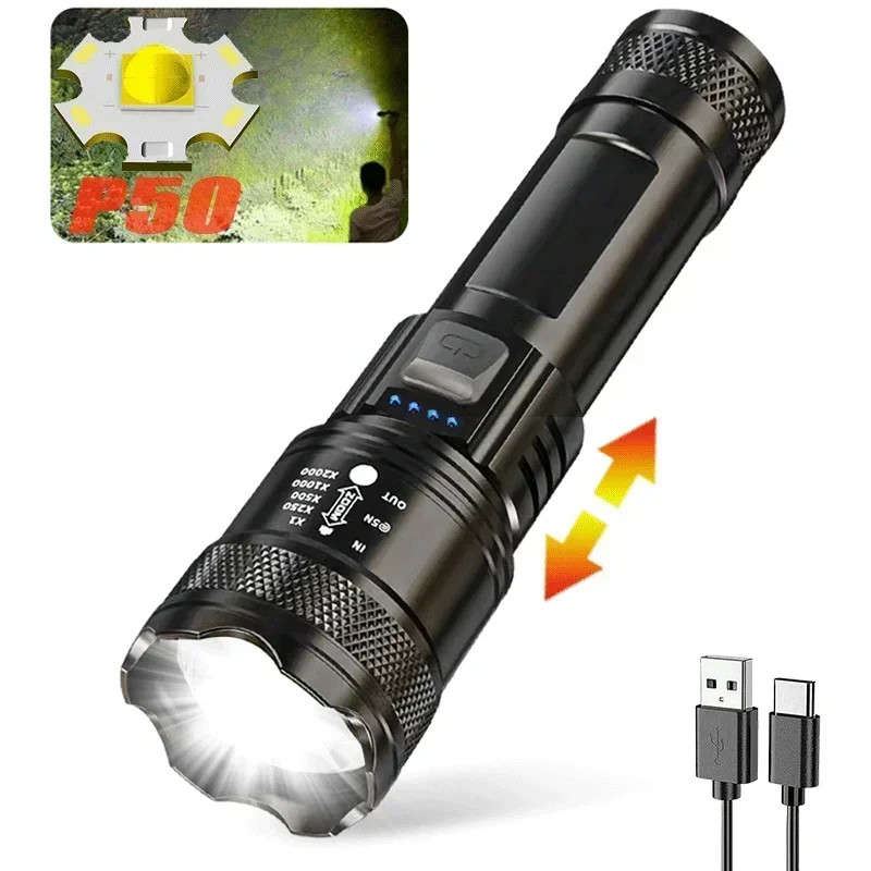 5000LM Ultra Bright Tactical Light Built-In Battery Powerful P70 LED Flashlights