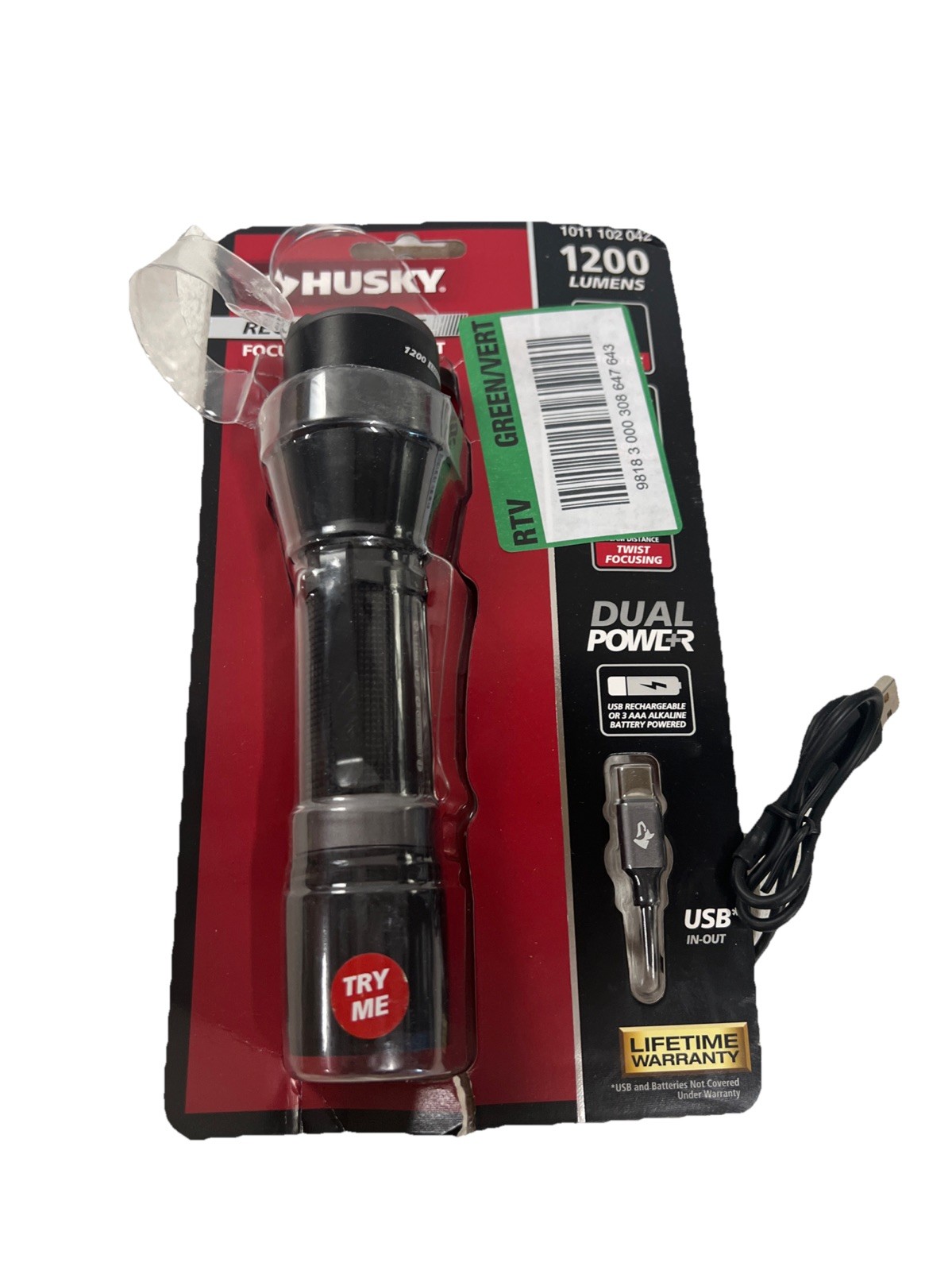 Husky 1200 Lumens Dual Power LED Rechargeable Focusing Flashlight Damaged Pack