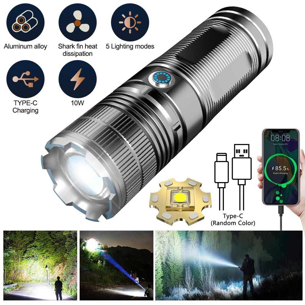10W Laser White LEP Flashlight Zoom USB Rechargeable Torch High Powerful Light