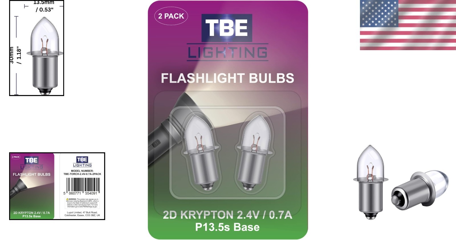 Pack of 2 Energy Efficient 2D 2.4V Krypton Flashlight Bulbs (P13.5 Base)