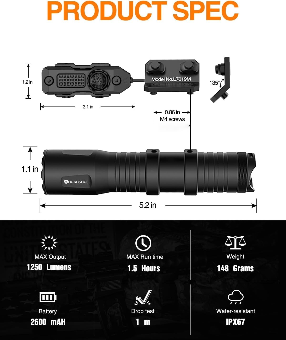 Mlok Mounted Picatinny Tactical Flashlight 1250 Lumens, Rechargeable Flashlight