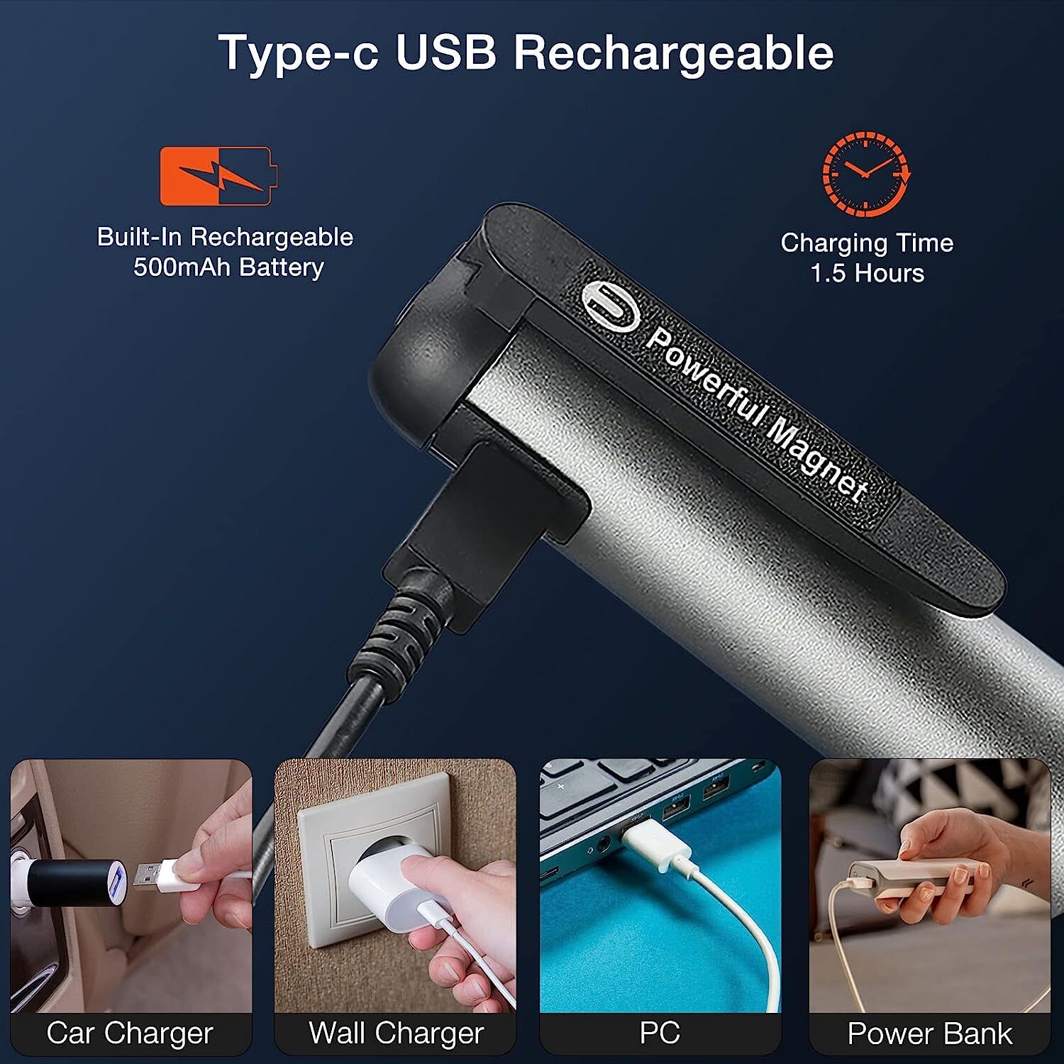 Portable COB LED Flashlight Magnet Clip USB Charging Waterproof Work Light