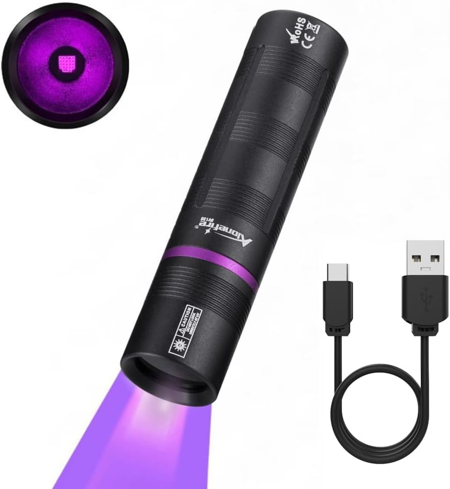 Mini 365nm UV Flashlight Blacklight USB C Rechargeable Wood Lamp Money Detector