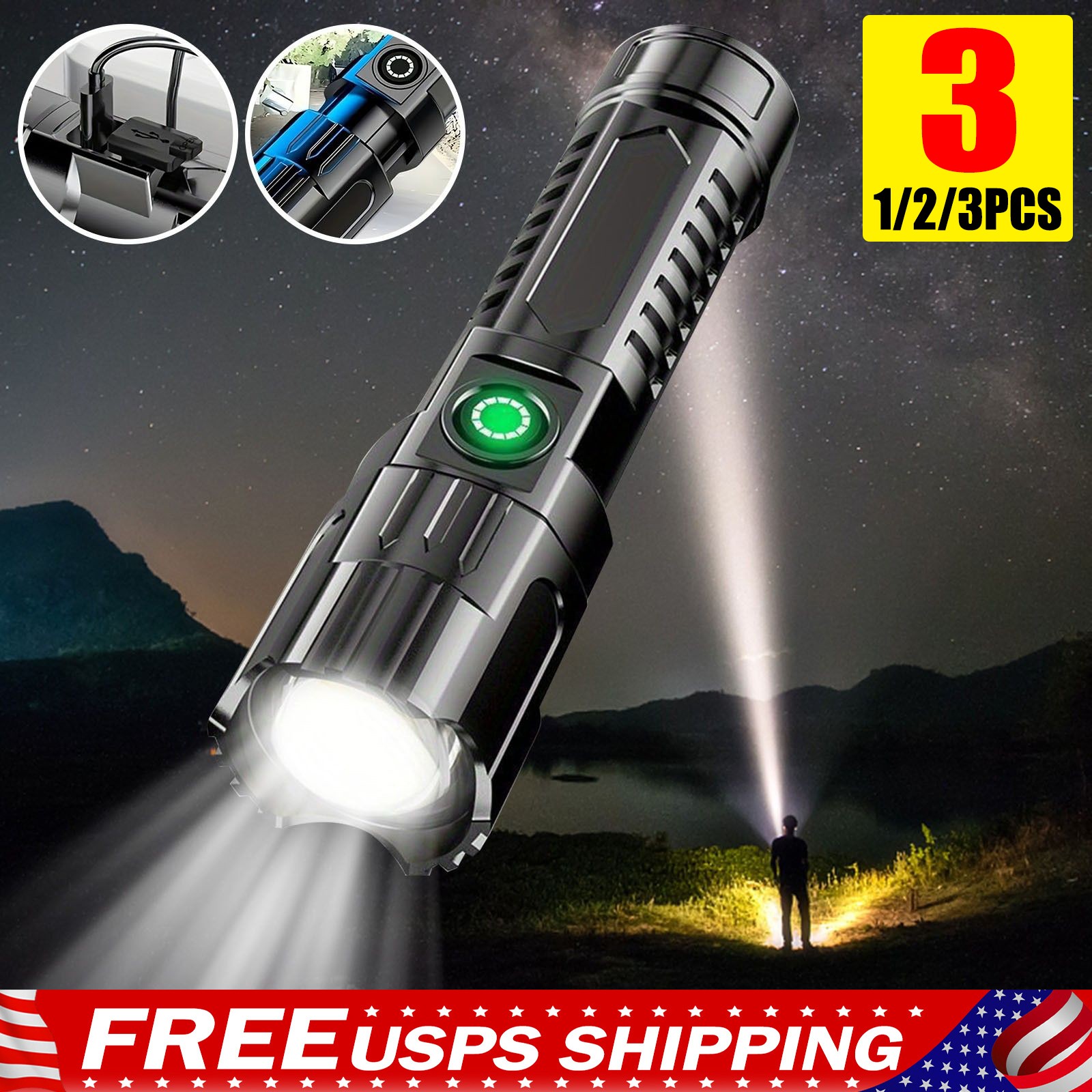 1-3pcs Rechargeable Flashlights High Lumens Super Bright LED Tactical Flashlight