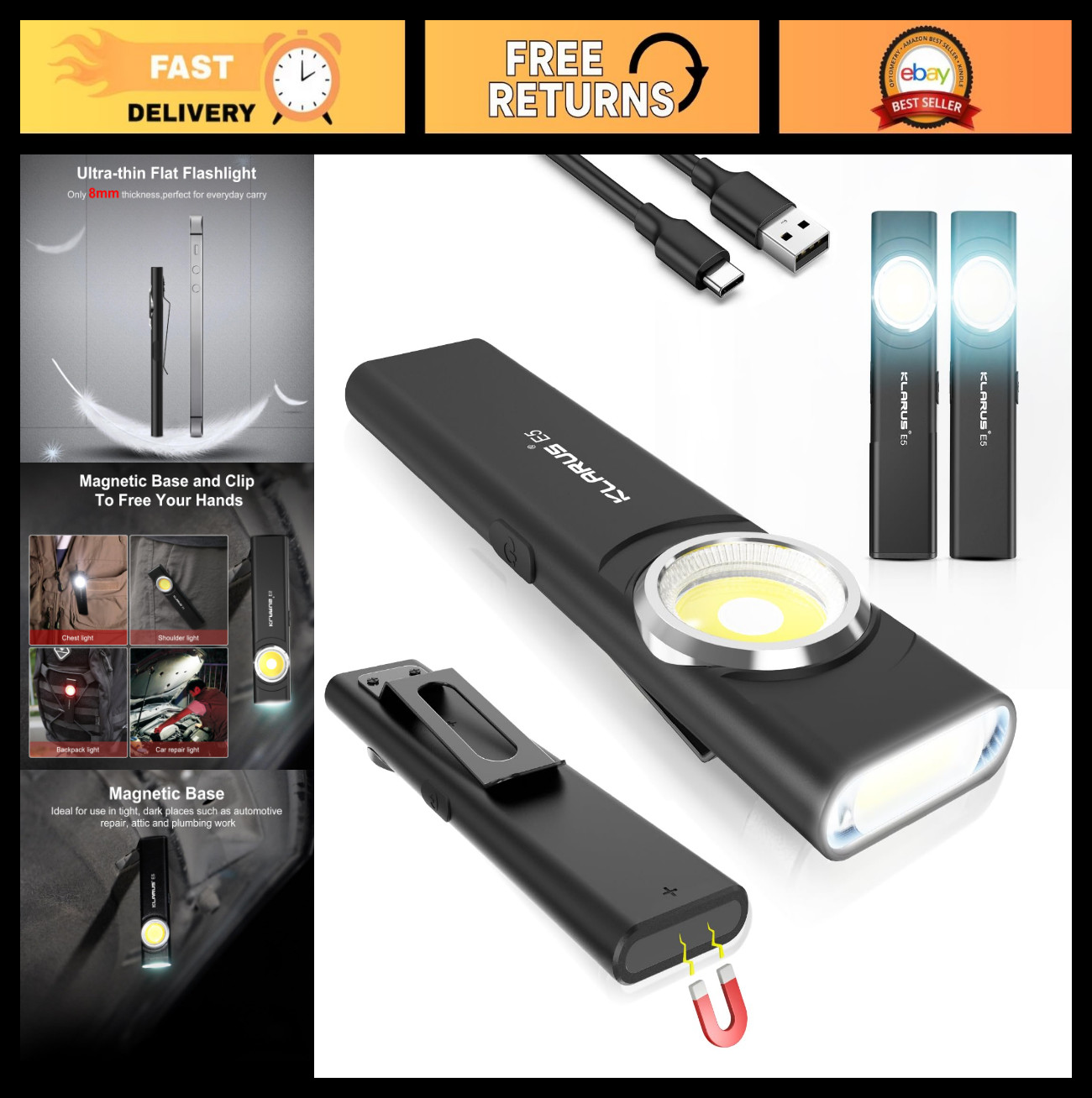 2Pcs Rechargeable Pocket Flashlight, Slim EDC Light, 600 Lumens, USB-C, IPX4, Ma