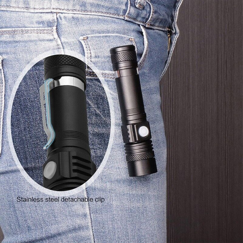 Super Bright LED Tactical Flashlight USB Rechargeable Powerful Zoomable Torch