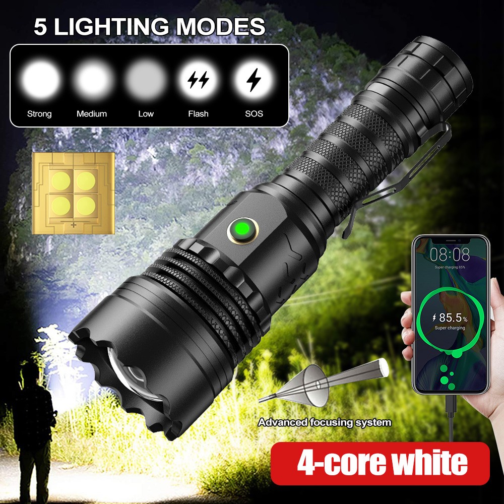 4-Core White Laser LED Flashlight 5 Modes – Rechargeable Waterproof Torch