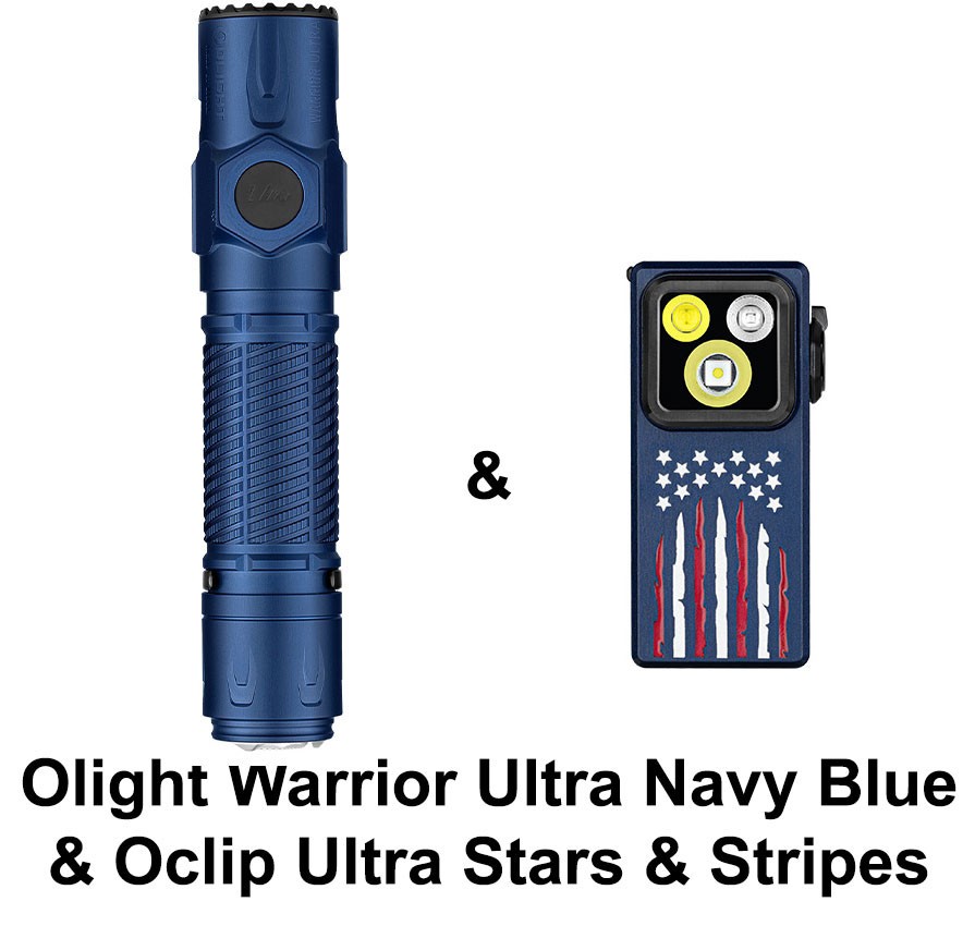 Olight Warrior Ultra Navy Blue Flashlight & Oclip Ultra Stars & Stripes Clip On