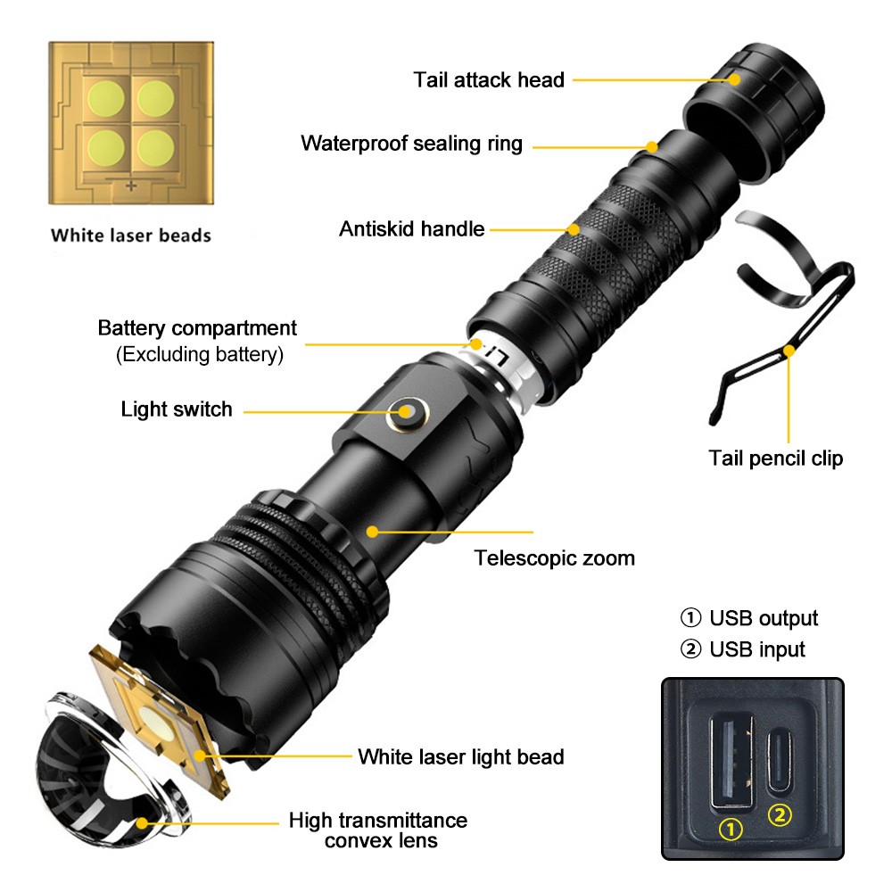 4 Core White Laser LED Flashlight Rechargeable Power Bank Torch Waterproof