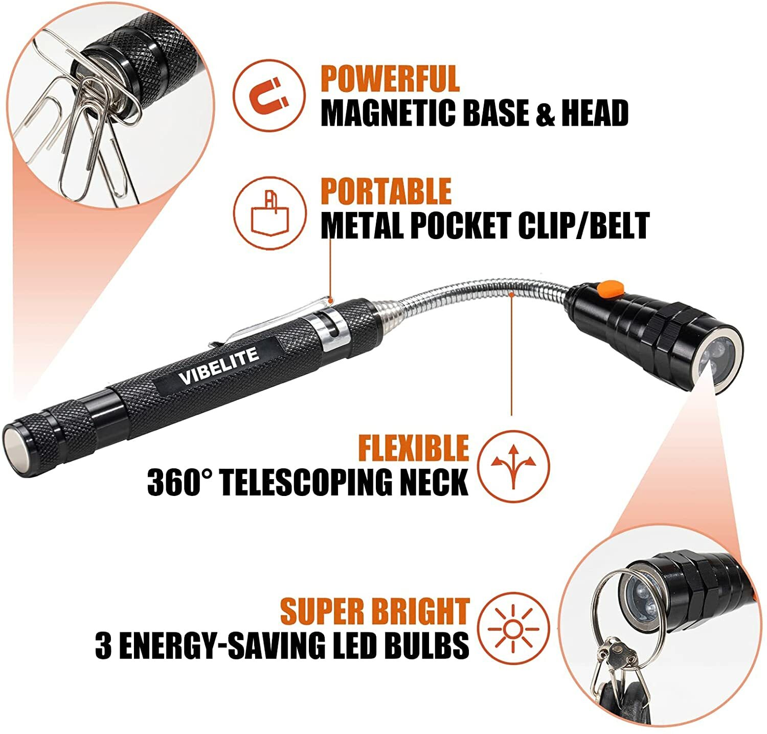 VIBELITE Magnet 3 LED Magnetic Pickup tool Telescoping Flexible Extensible Le…