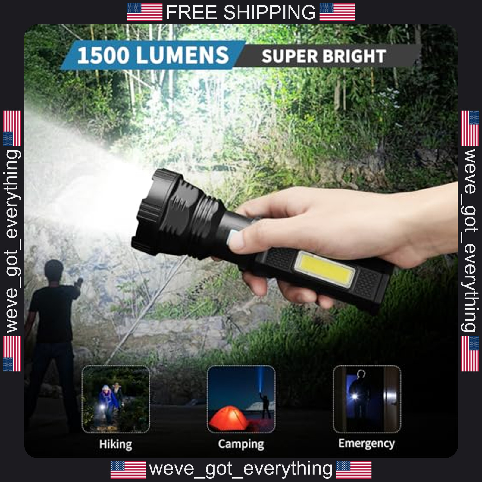 1 Pack Solar Handheld Flashlight with 1500 Lumens Waterproof