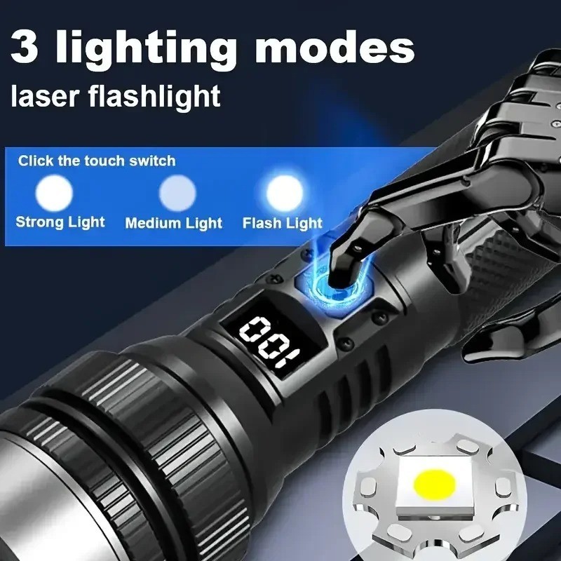 LED Flashlight Type-C Rechargeable Zoom Torch Power Display Camping Light