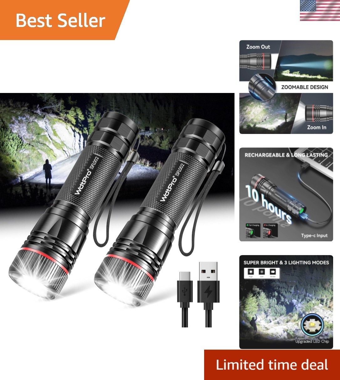 Rechargeable Flashlights High Lumens, 2 Pack 10H Long Lasting Super Bright ED…