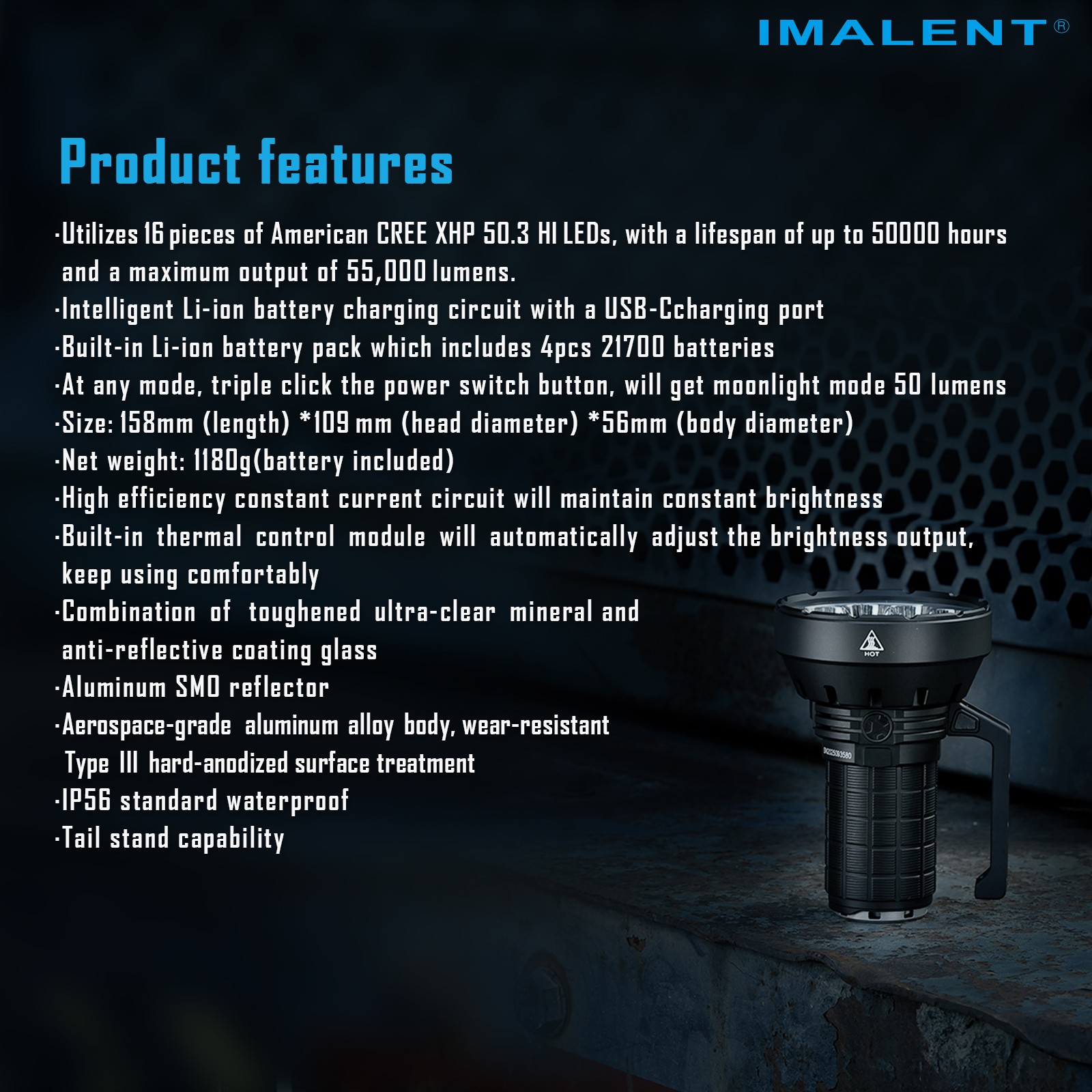 IMALENT SR16 Rechargeable Tactical Flashlight 55000LM High Lumens Cooling Fan
