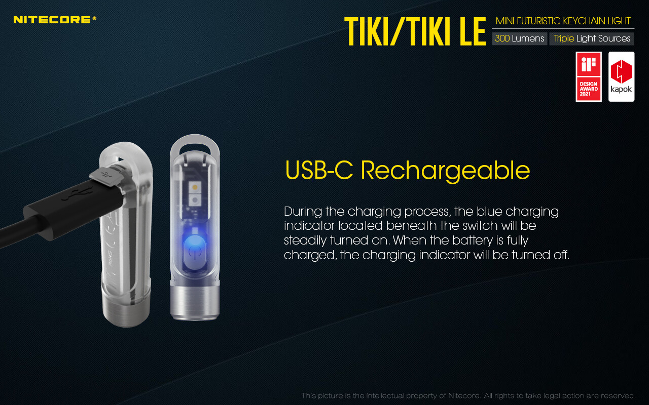 NITECORE TIKI 300 Lumen Keychain Flashlight UV/High CRI LED + USB-C Cable