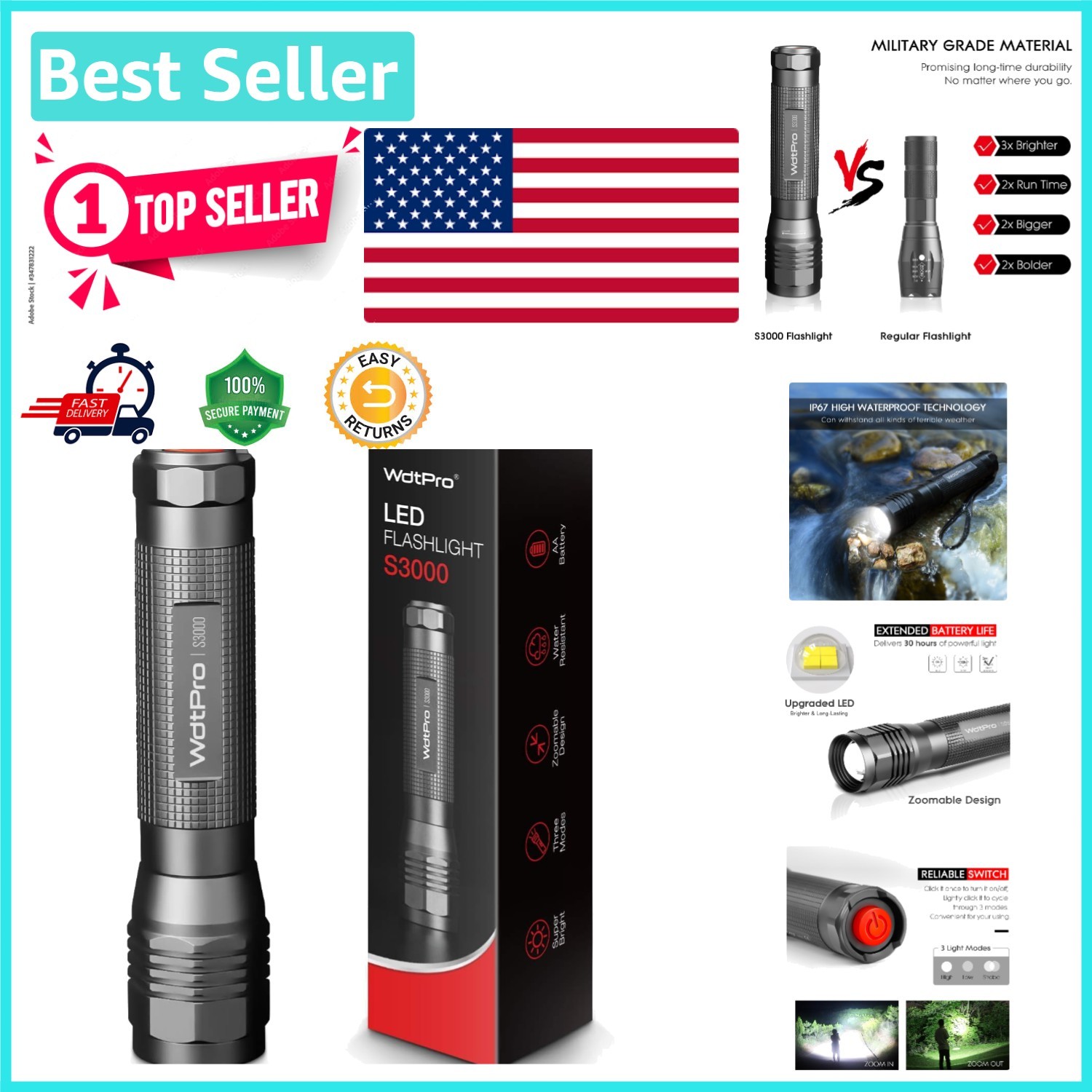 Water Resistant S3000 LED Flashlight – 3 Adjustable Modes for Hiking & Camping