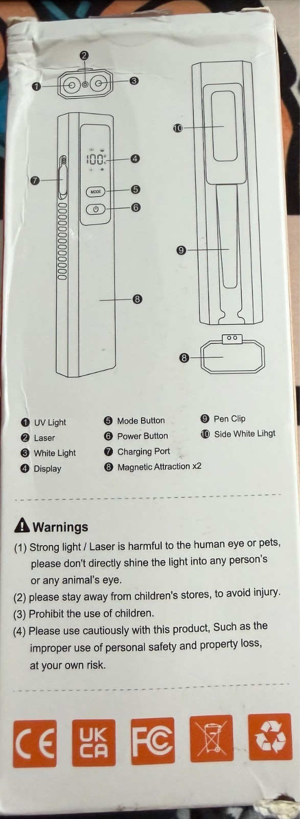 EDC Flashlight LT-010 LED Rechargeable Magnetic Clip UV Laser IPX-4 – ORANGE-NEW