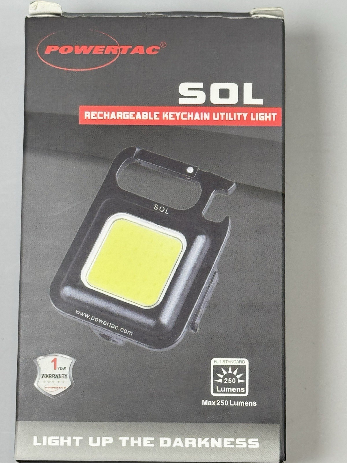 250 Lumens Powertac SOL Rechargeable LED Keychain Utility Flashlight Black