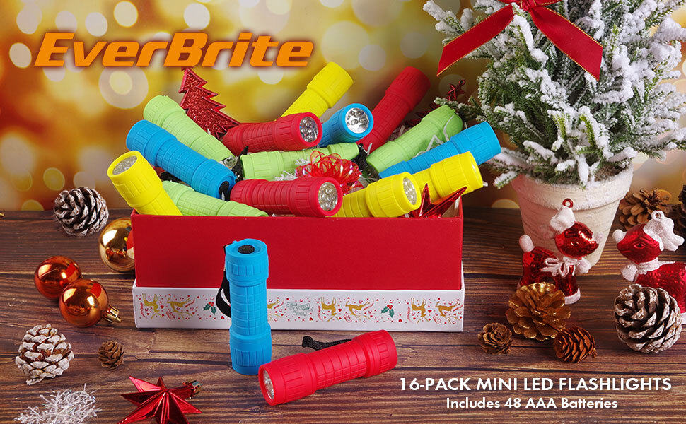 EverBrite 16 Pack Mini LED Flashlight Set 4 Colors with 48 Pcs AAA Batteries