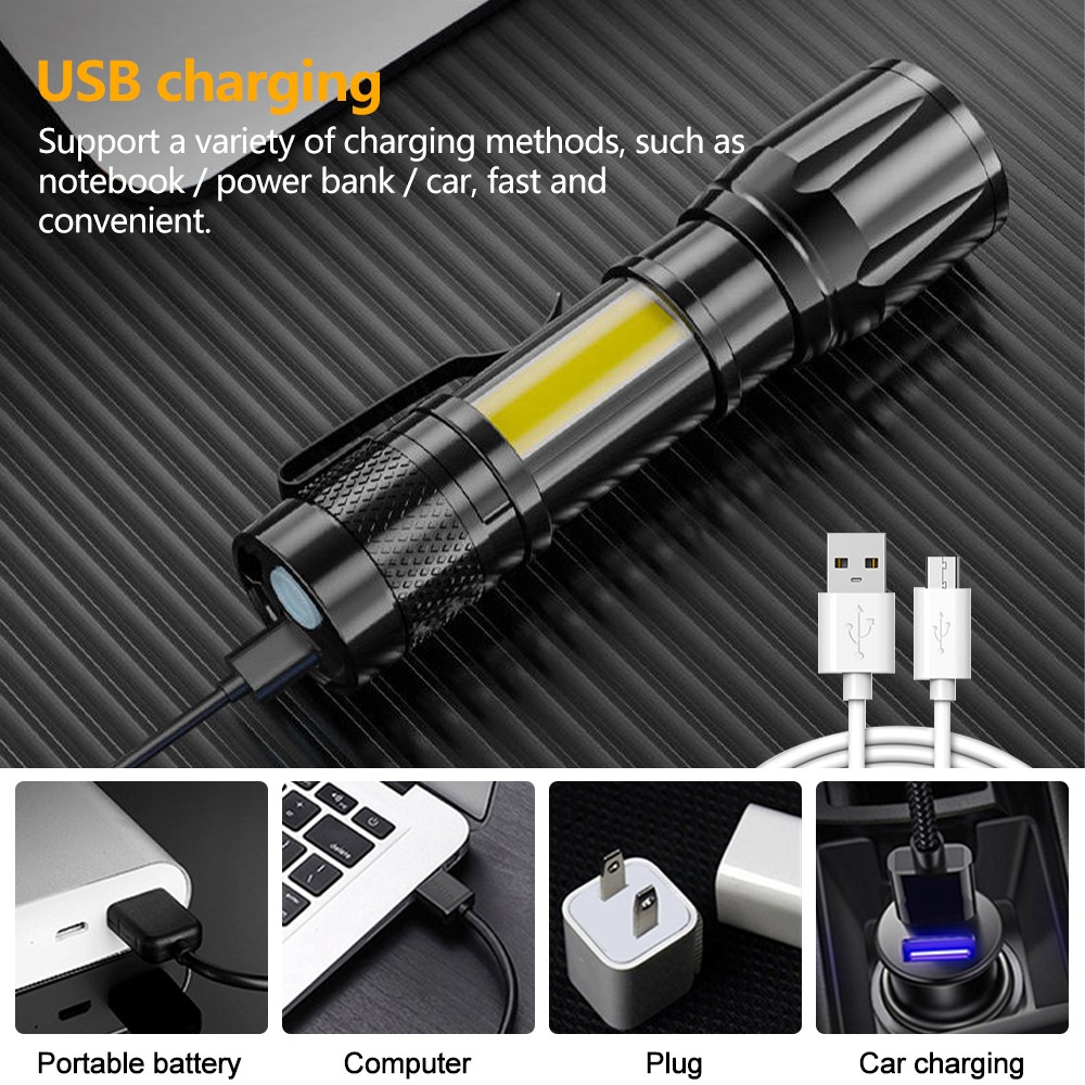 1/2pcs LED Flashlight Light Super Bright Torch USB Rechargeable COB Flashlight