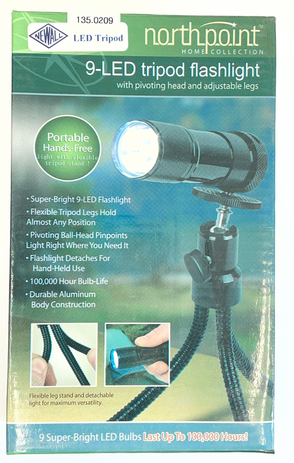 9 LED TRIPOD FLASHLIGHT WITH PIVOTING HEAD & ADJUSTABLE LEGS (135-0209)