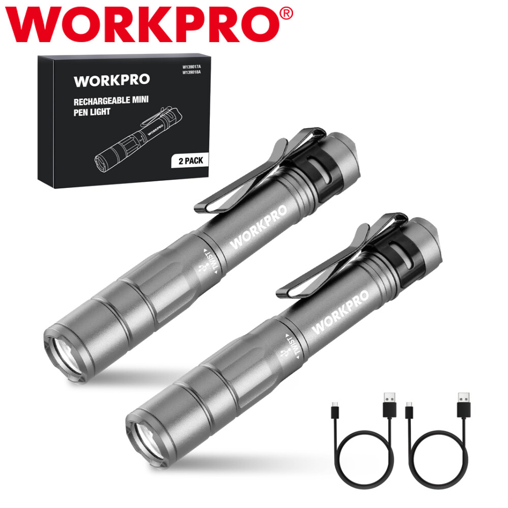 WORKPRO 2Pack Rechargeable Pen Light 4 Lighting Modes Handheld Pocket Flashlight