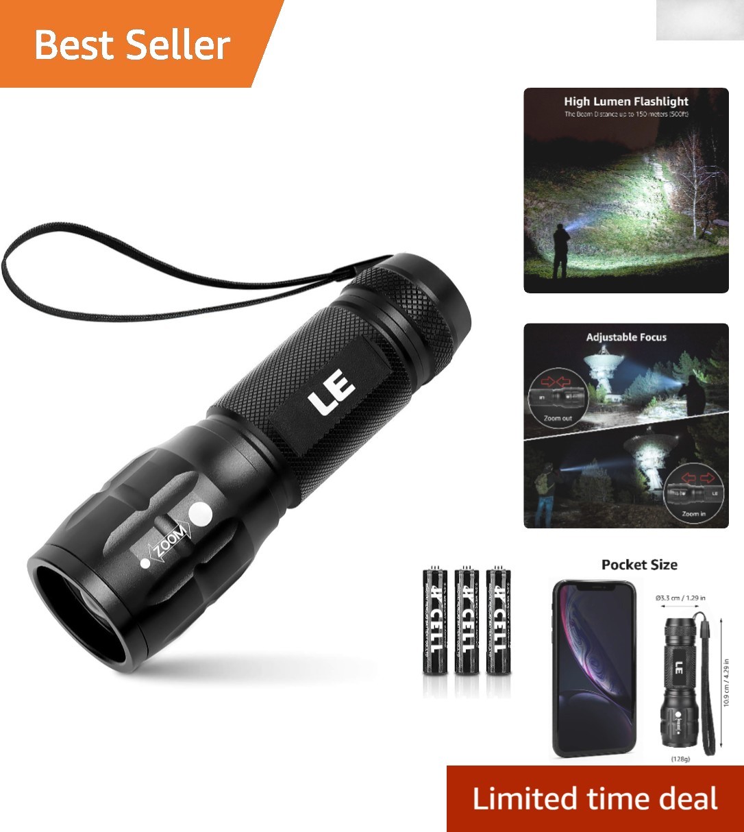 Portable Waterproof LED Flashlight – 500 Feet Beam Distance, Batteries Included