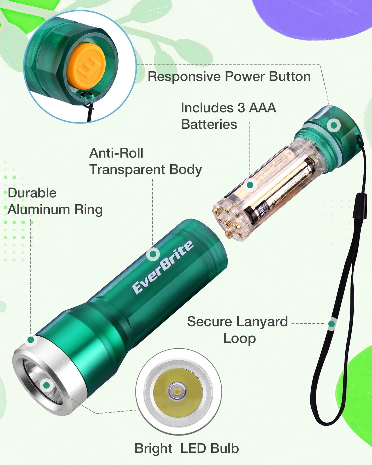 EverBrite 300LM LED Flashlight 3 Lighting Modes IP54 Flash Light 3 AAA Batteries