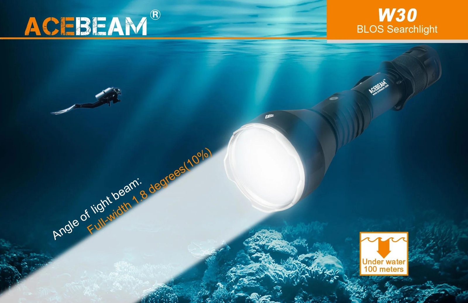 Acebeam W30 Long Range LEP Flashlight – 500 Lumens, 2408m throw, Cool White 650