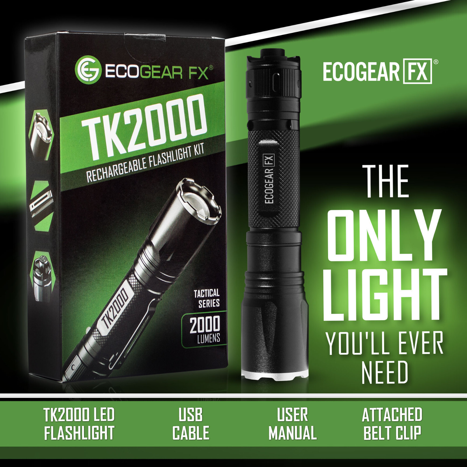 USB Rechargeable LED Tactical Flashligh Bright 2000 Lumens with Twist Zoom