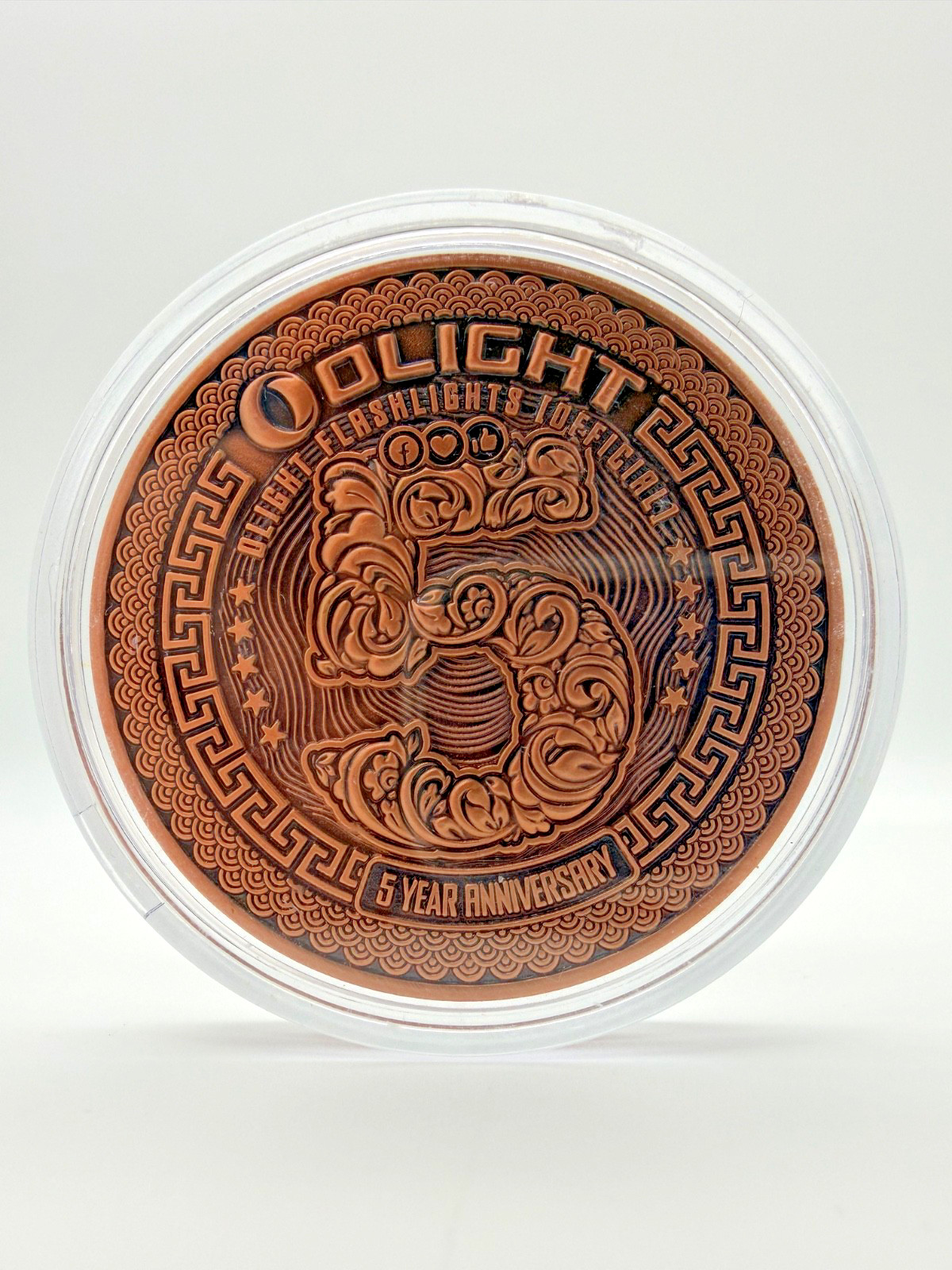 Olight Coin 5 Year Anniversary Challenge Coin 12 Chrome Stickers NEW SWAG RARE