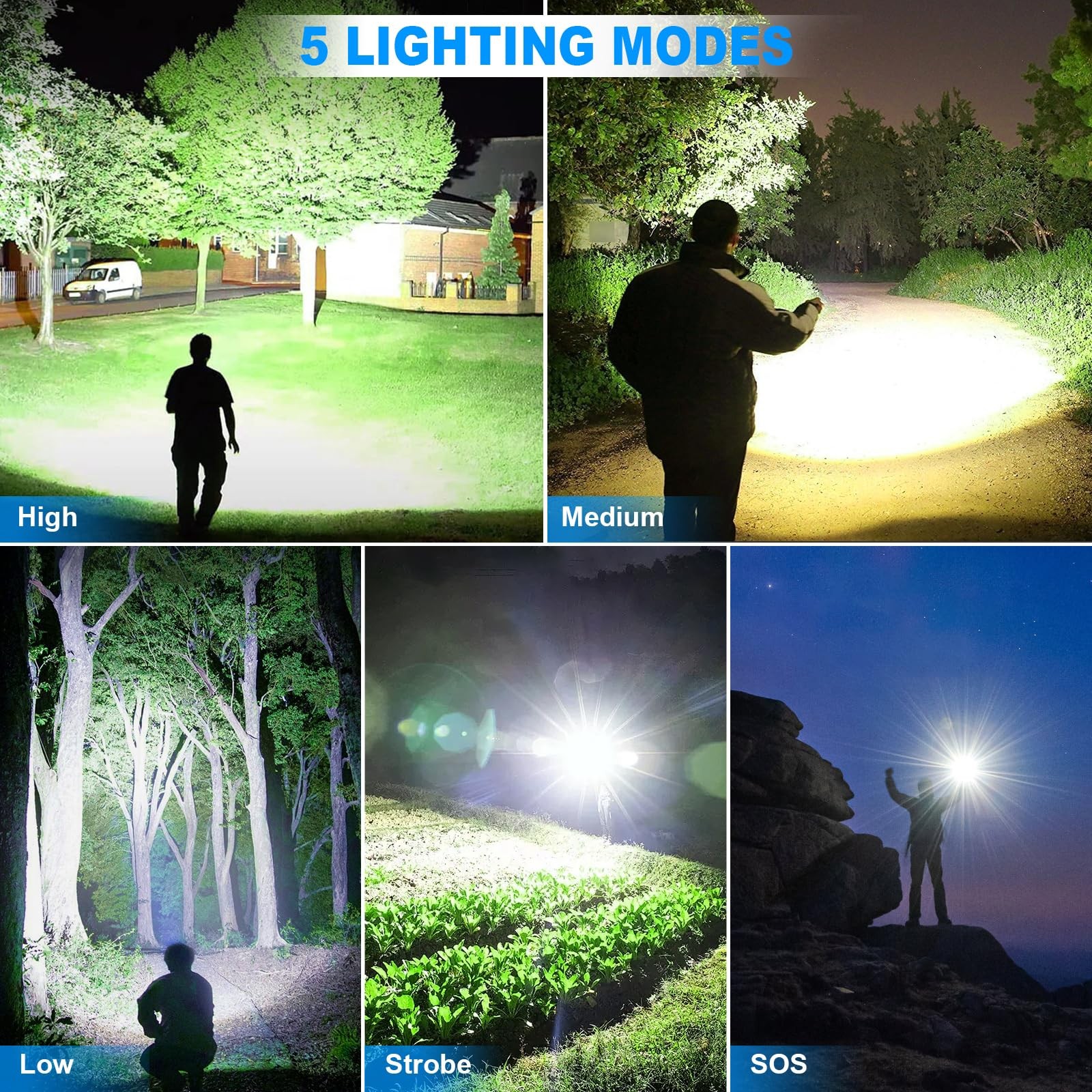 Rechargeable Flashlight 2 Pack, 90000 Lumens LED, 5 Modes, Waterproof